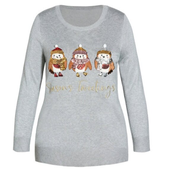NWT City Chic Evans 22/24 Grey 'Season's Tweetings' Christmas Holiday Sweater - Picture 1 of 11